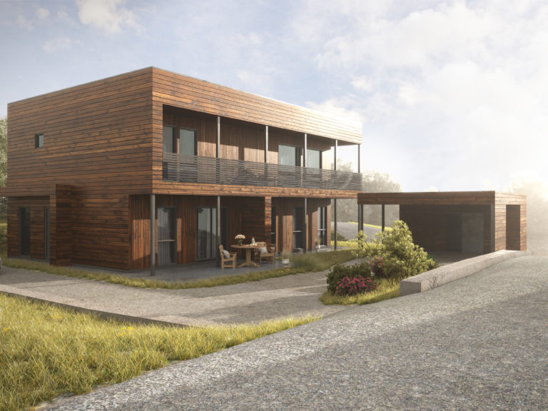 En 3D-gjengivelse fra 2017 av et hus med en bil parkert foran laget for å visualisere salgsformål for klient F Hus.