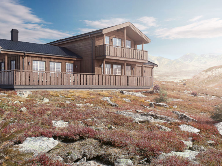 En trehytte på toppen av et steinete fjell, visualisert for salgsformål.