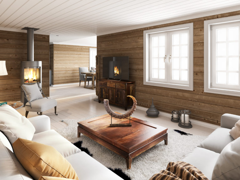 Visualisering for salgsformål av en hvit sofa i en stue.