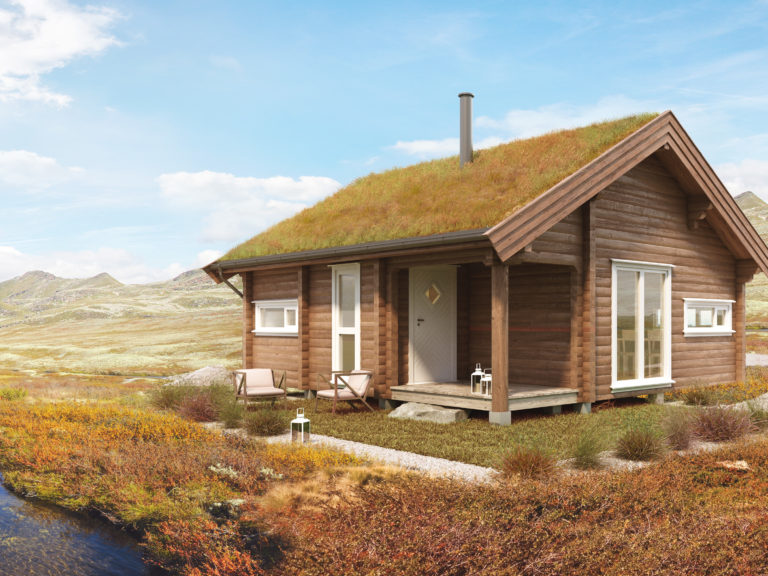 En visuelt tiltalende hytte med gresstak designet for salg av Tandem Reklame i 2017.
