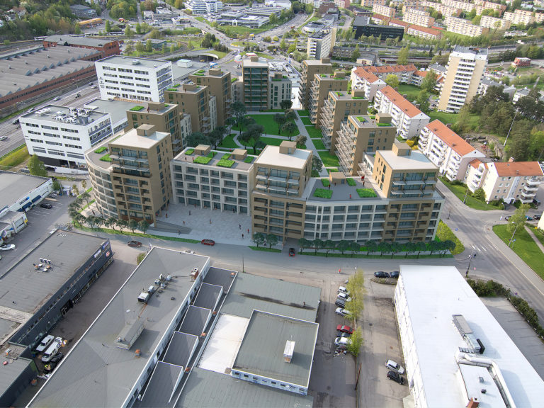 Et arkitektonisk design fra 2017 av Bugge Ravn Arkitekter med luftfoto av en stor bygård.