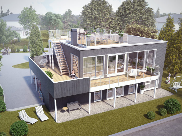 En 3D-gjengivelse av et moderne hus laget med det formål å visualisere for salg.