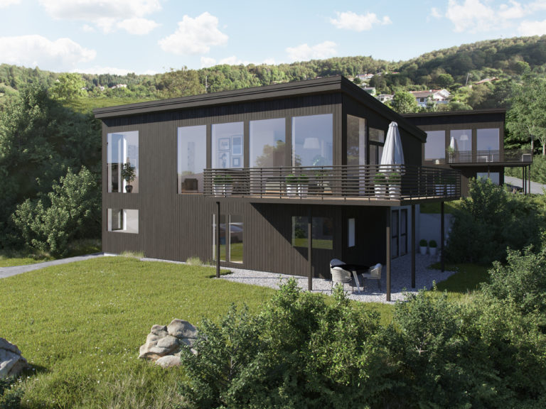 Et moderne hus i en åsside lagt ut for salg i 2017.