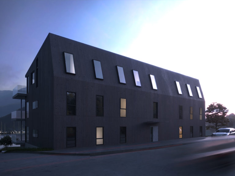 en svart bygning med vinduer for visualisering for salg i 2017.