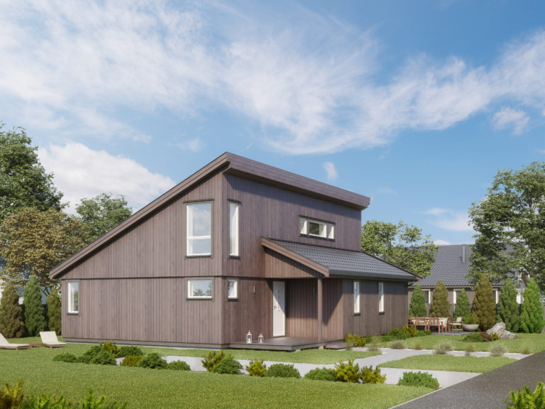 Et moderne hjem visualisert i en 3D-gjengivelse til salgs.