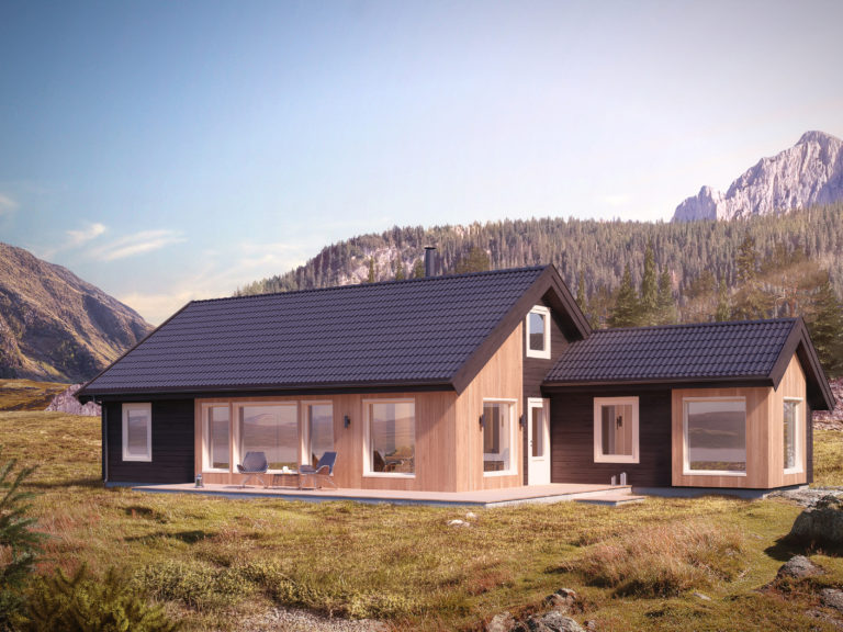 En visuell gjengivelse av en liten hytte i fjellet laget for BoligPartner for å hjelpe til med salg, ferdigstilt i 2017.