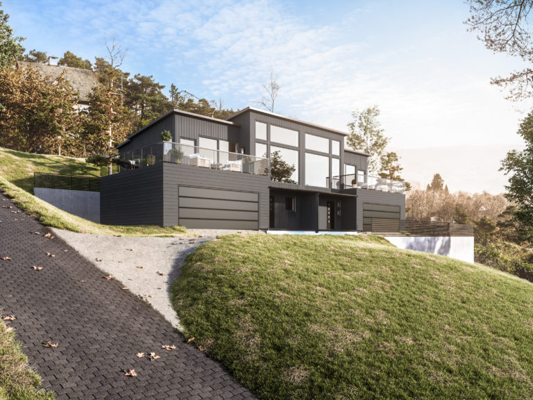 et moderne hus på siden av en ås, til salgs i 2017, visualisert for oppdragsgivere Eie Eiendomsmegling Bergen &amp; Florvaag Hus.