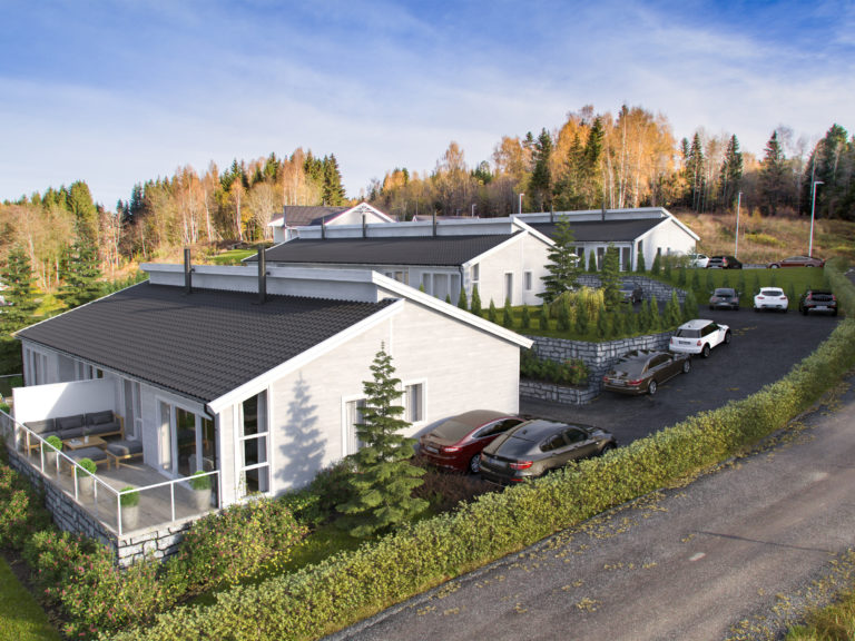 En luftvisualisering av hus og bil til salgs i 2017 for EnterGruppen.