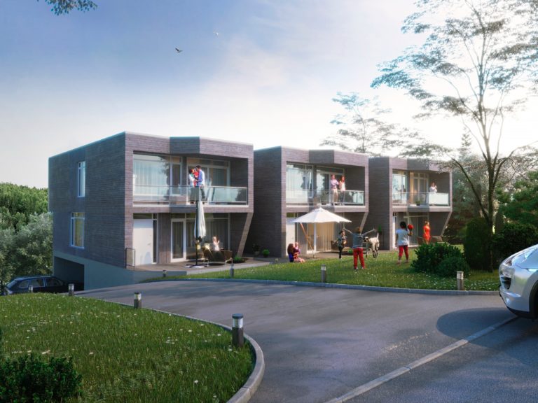 En bil står parkert foran en bygård for visualisering og salg av Seth Teknisk Design ANS i 2017.