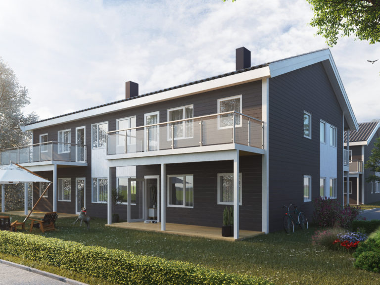 Et visualisert hus til salgs med balkong.