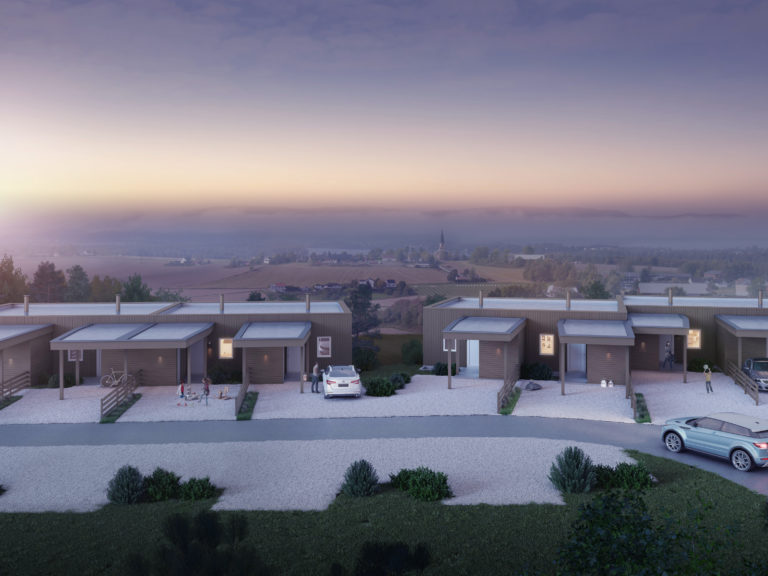 En 3D-gjengivelse av et hus med en bil parkert foran for å visualisere salgsformål.