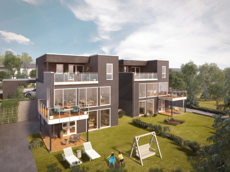 En visuell gjengivelse av et moderne hus som viser en stor hage for salg i 2017 av Klient: InnoHus.