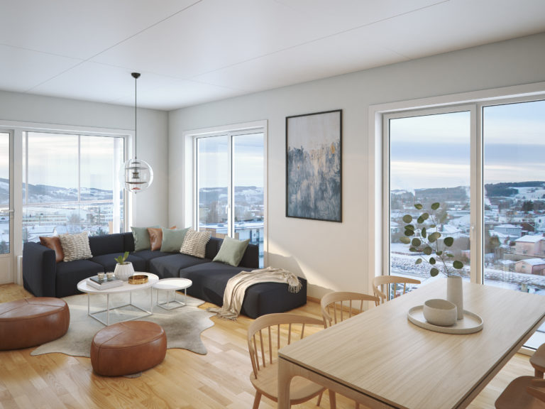 En 3D-gjengivelse av en stue med fjellutsikt laget for OBOS Eiendomsutviklings salgsvisualiseringer i 2018.