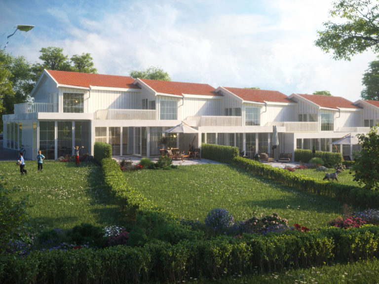 En 3D-gjengivelse av et hus med en plen i bakgrunnen for å visualisere salgsformål.