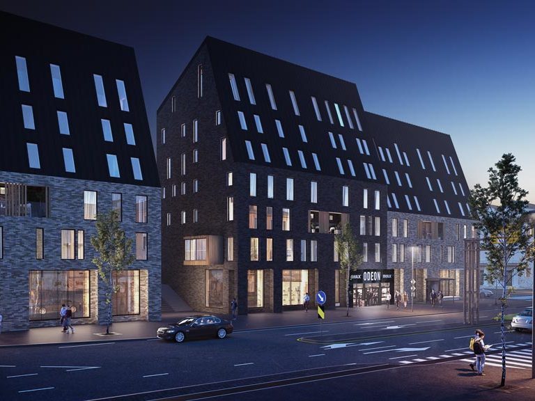 En kunstners gjengivelse av et bygg om natten for visualisering av salget, på oppdrag fra Klient: Møllekvartalet AS i 2018.