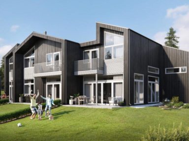 En visuell gjengivelse av et svart hus med en gresskledd hage til salgs.