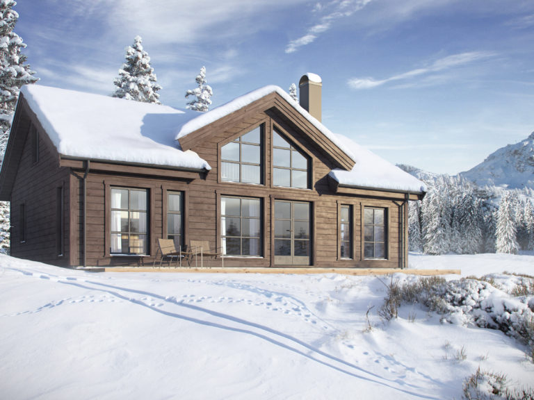 3D-gjengivelse av en tømmerhytte i snøen til salgs i 2018.