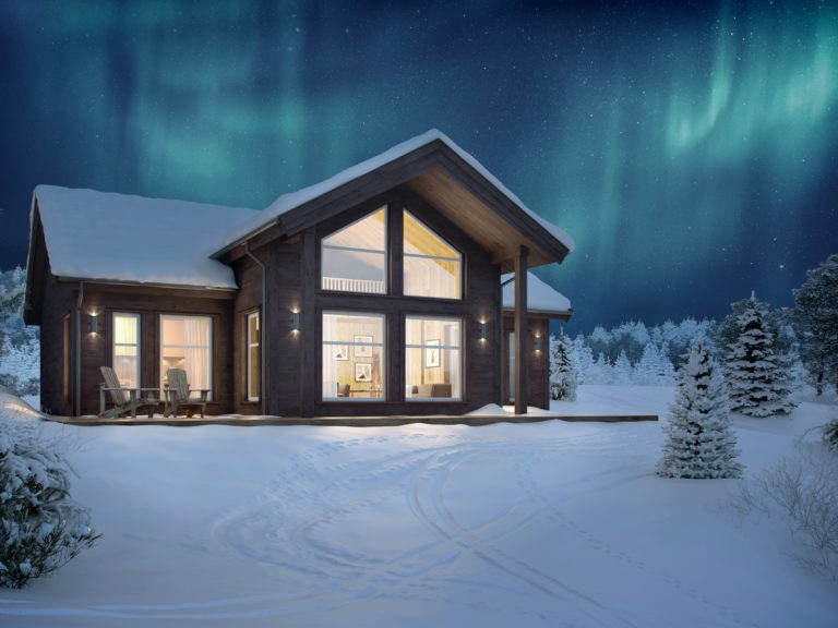 Visualisering av et Nordlyshytterhus under nordlys for salgsformål i 2018.