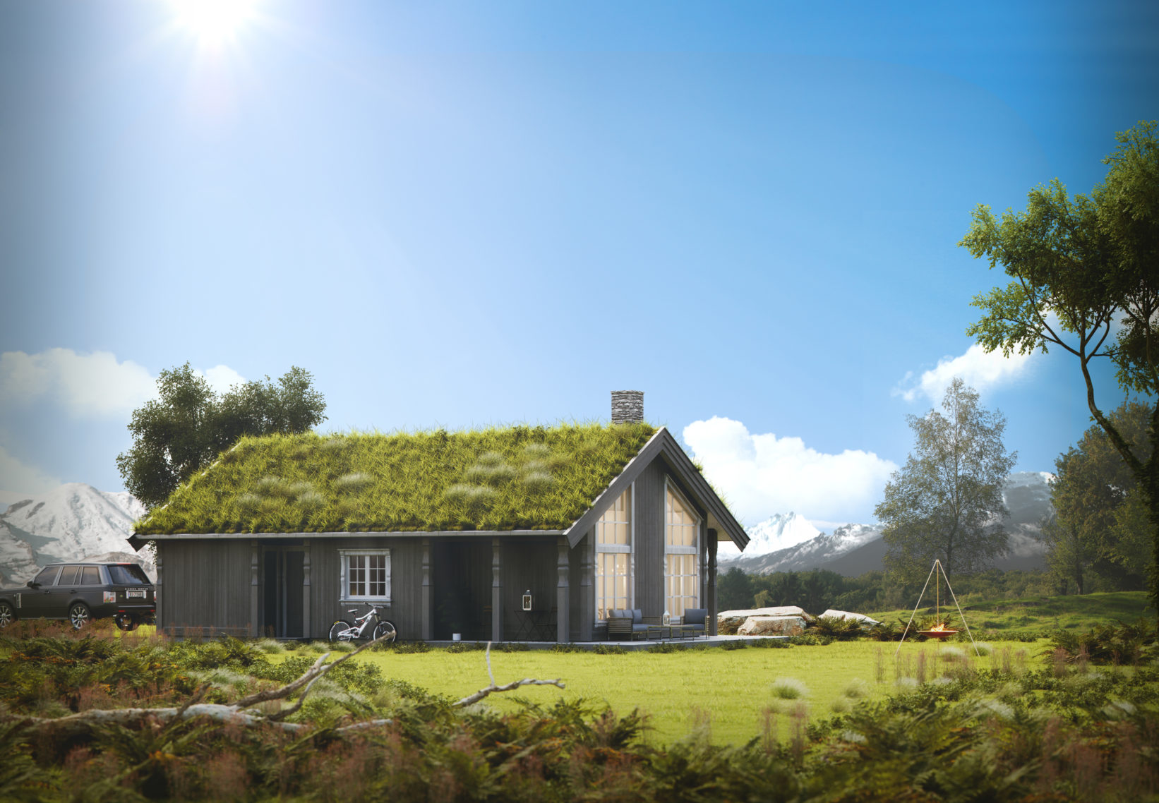 Hus i Norge med grønt tak.