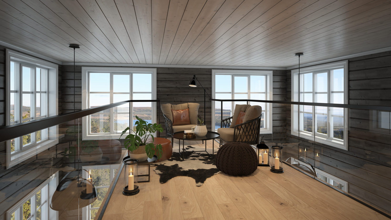 3D-gjengivelse av stue med vinduer i Norge.