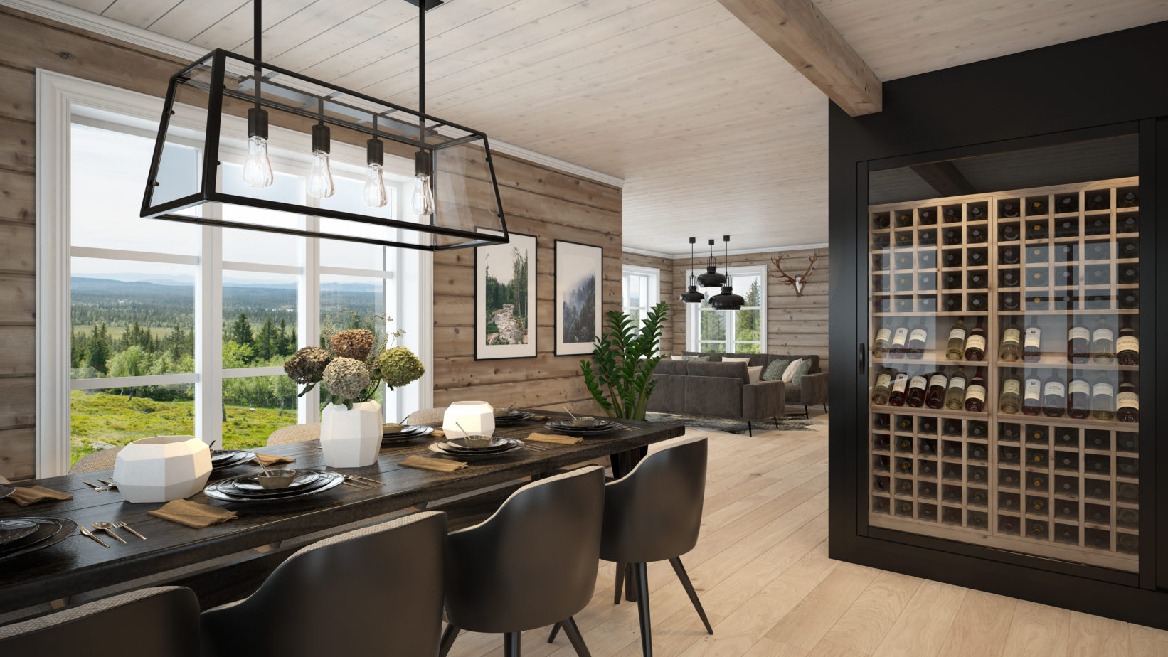 en 3d gjengivelse av en spisestue med vinkjeller i Hus 1 Norge.
