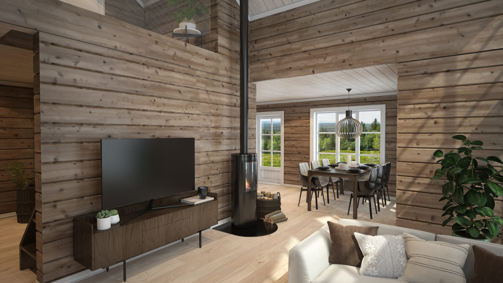 en 3D-gjengivelse av en stue i en tømmerhytte i Norge.