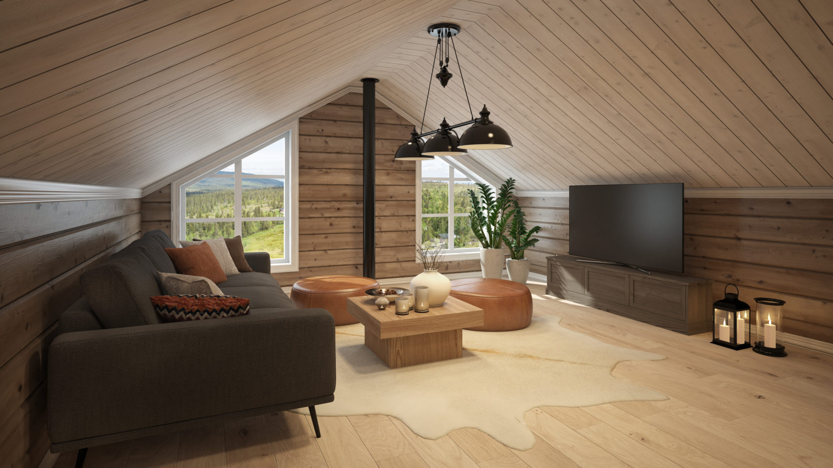 En 3D-gjengivelse av en loftstue i Hus 1 Norge.