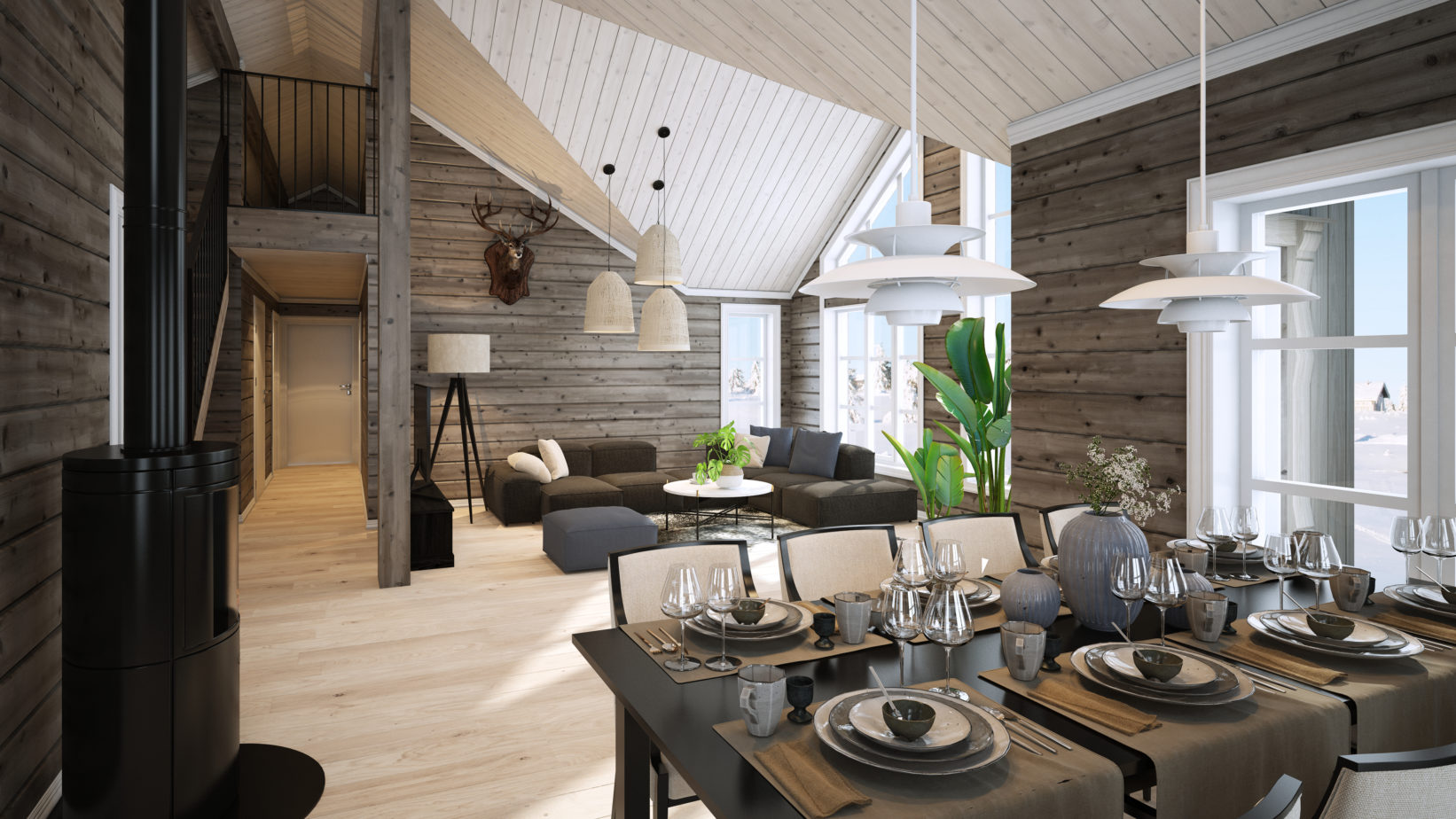 En 3D-gjengivelse av en spisestue i en tømmerhytte i Hus 1 Norge.