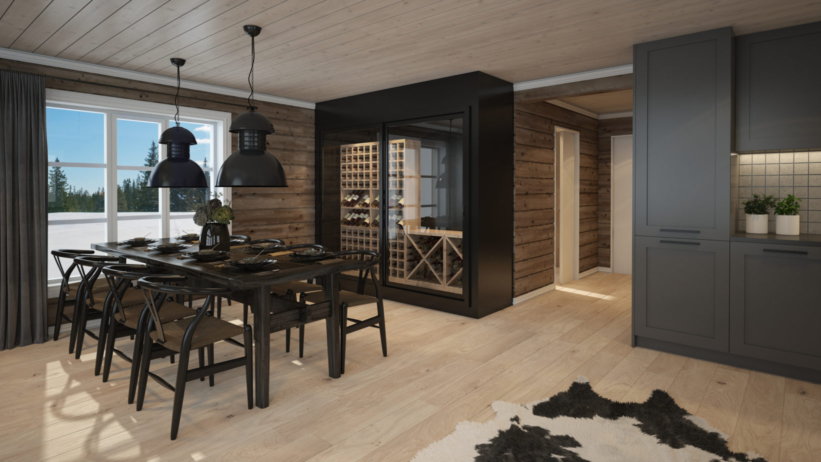 3D-gjengivelse av spisestue med vinkjeller i Hus Norge.