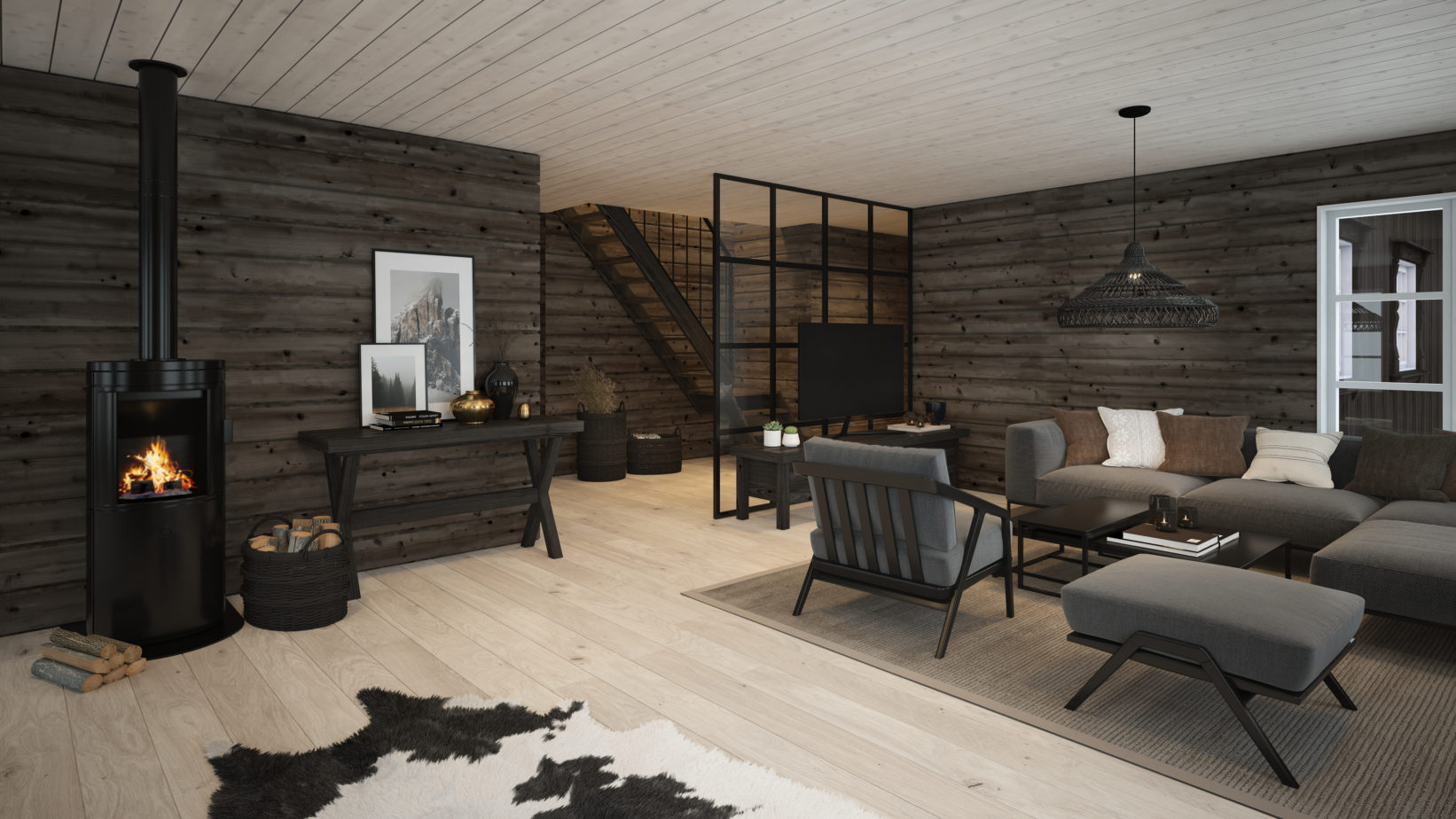 en 3d-gjengivelse av en stue i Hus1