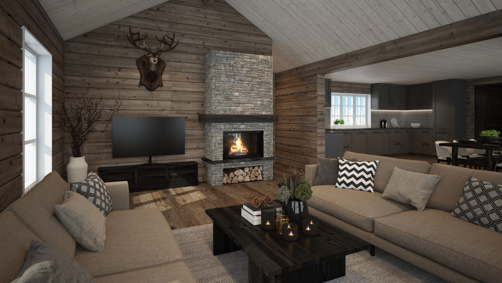en 3D-gjengivelse av en stue i en tømmerhytte i Hus Norge.