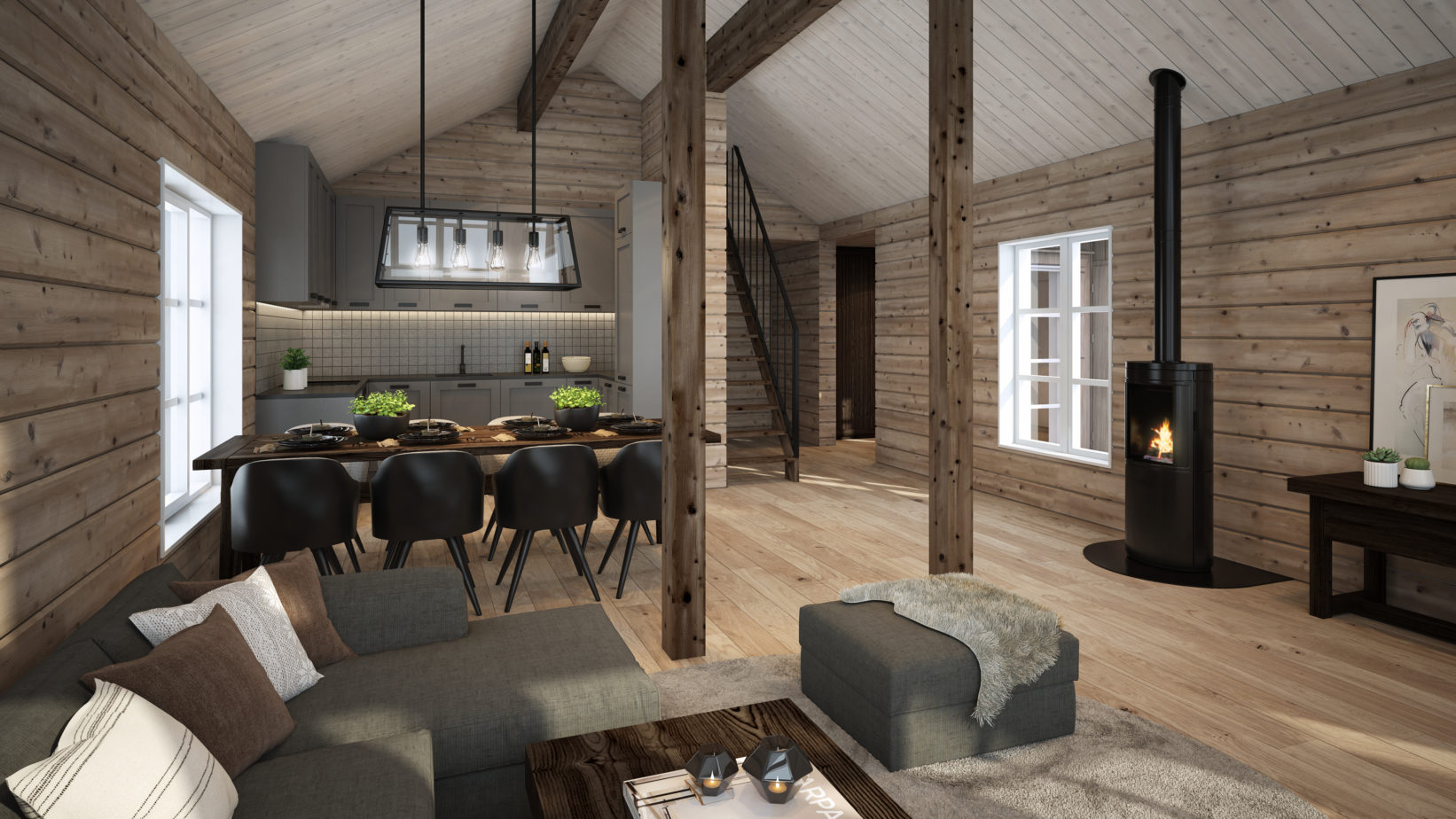 en 3D-gjengivelse av en stue i en tømmerhytte som ligger i Norge.
