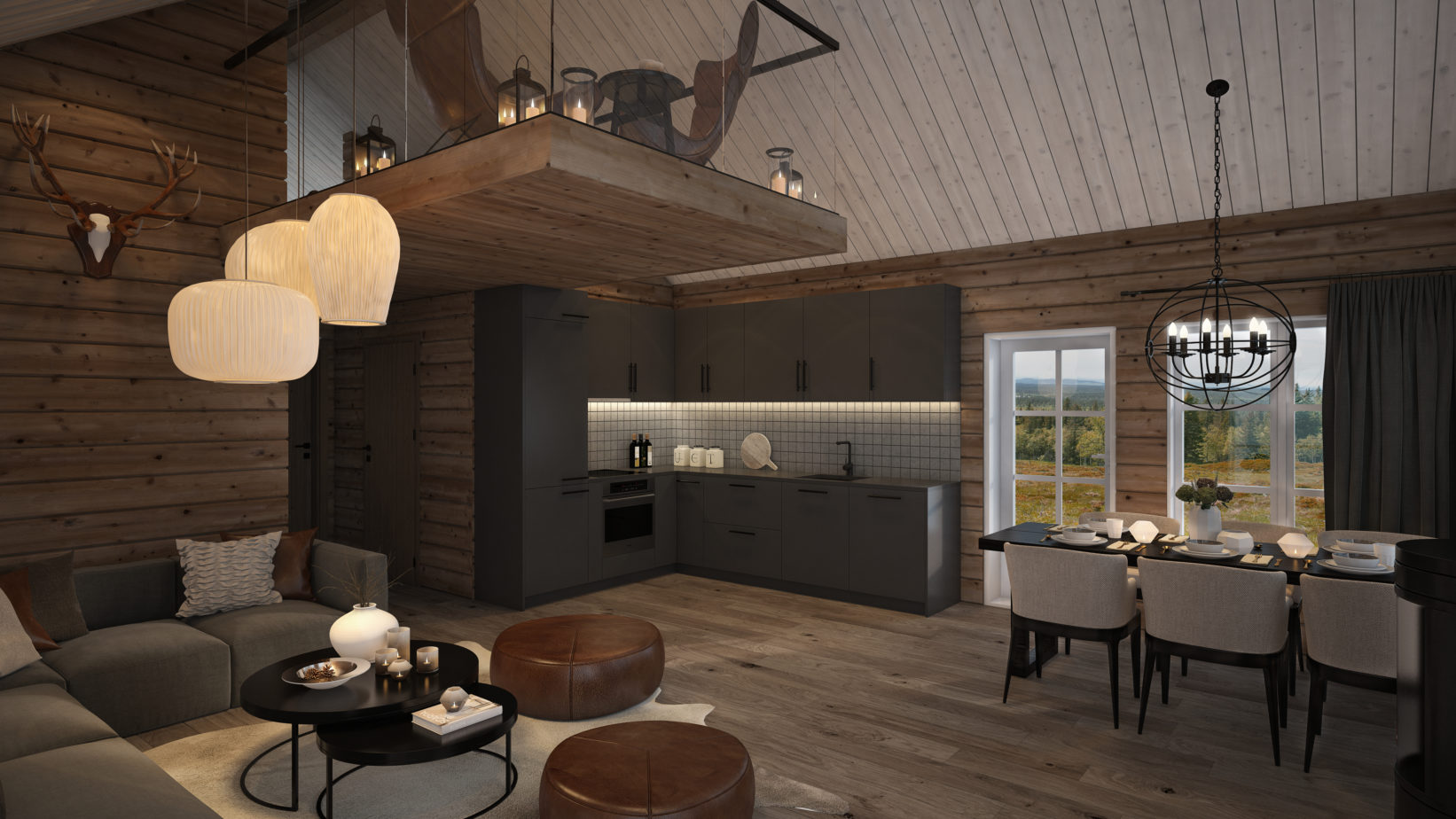 En 3D-gjengivelse av en stue i et Hus.