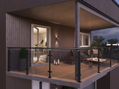 en 3d-gjengivelse av en balkong om natten laget for Tandem Reklame for å visualisere og fremme salg i 2018.
