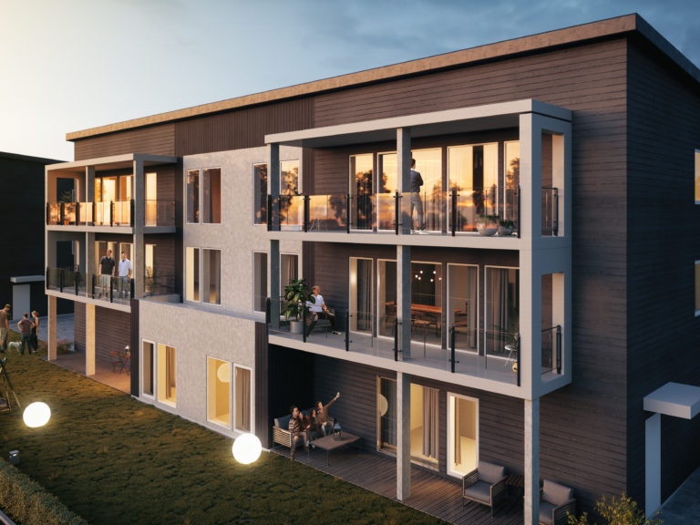 En 3d-gjengivelse av en bygård til salgs.