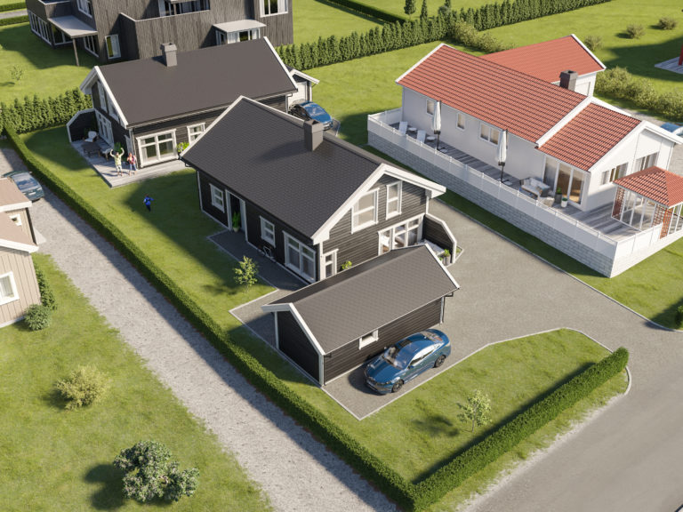 En 3D-modell av et hus med en bil parkert foran, laget av Hedmark Byggtjenester AS.