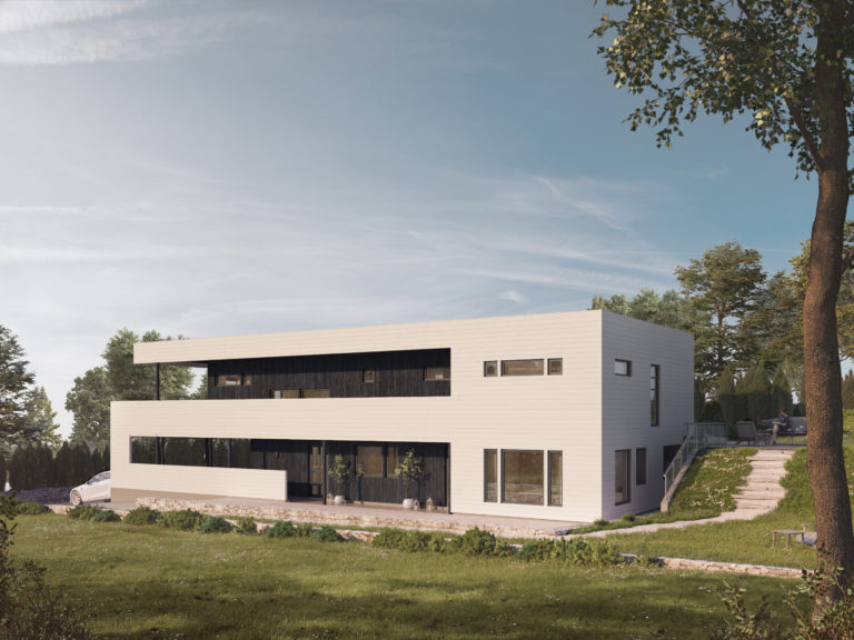 en gjengivelse av et moderne hus i en åsside.