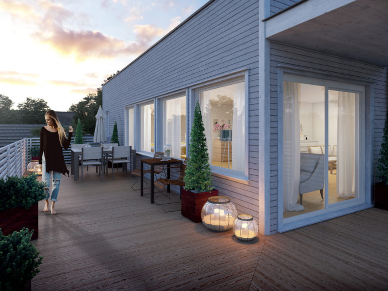 en 3d-gjengivelse av en balkong i skumringen.
