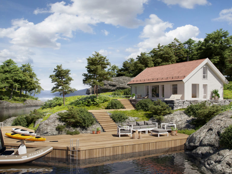 3D-gjengivelse av en hytte på en innsjø med en dock.