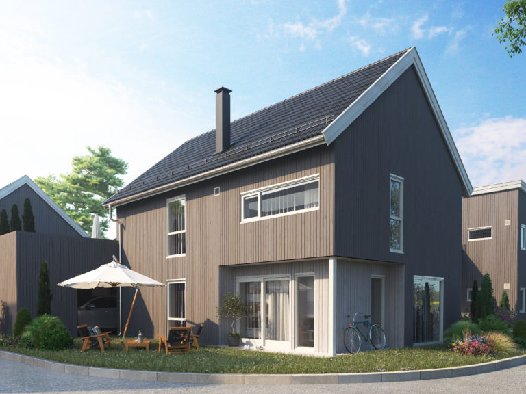 en 3d-gjengivelse av et hus med en bil parkert foran.