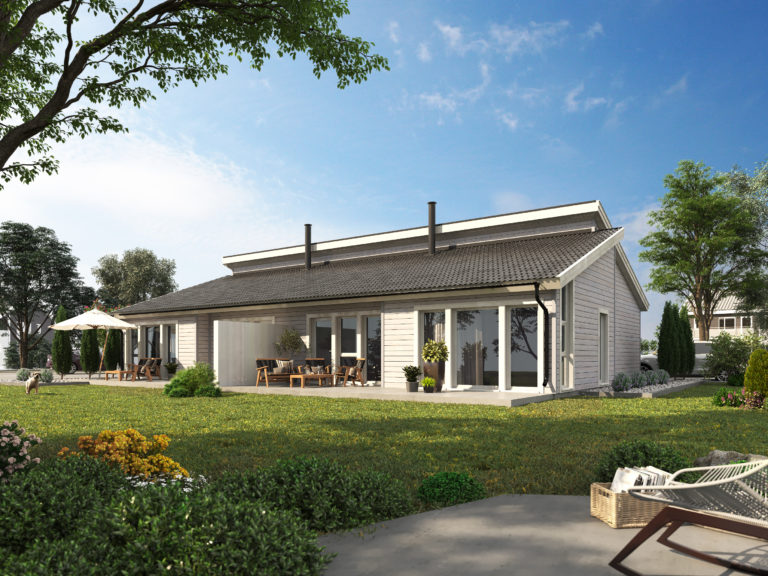 en 3d-gjengivelse av et hus med uteplass og plen.