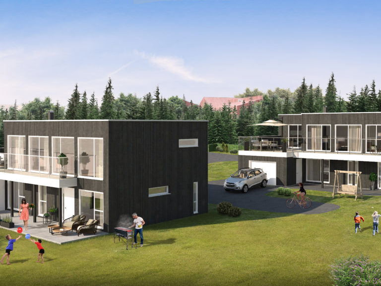 en 3d-gjengivelse av et hus i skogen.