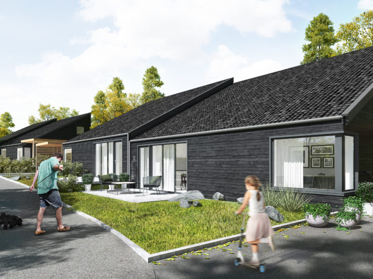 en gjengivelse av et svart hus med folk som går rundt det.