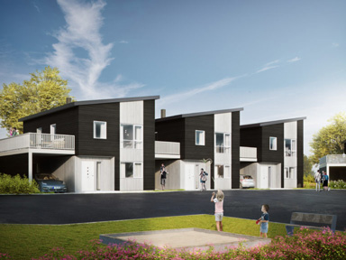 en kunstners gjengivelse av et svart-hvitt leilighetskompleks.