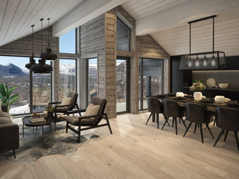 en 3d-gjengivelse av en stue med utsikt over fjellene.