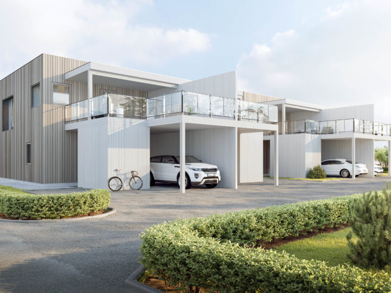 en 3d-gjengivelse av et moderne hus med en bil parkert foran.