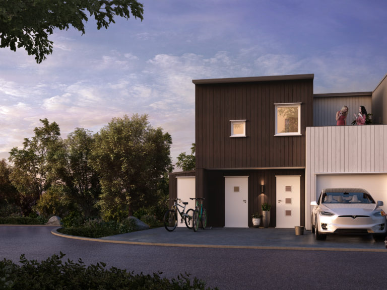 en gjengivelse av et hus med en bil parkert foran.