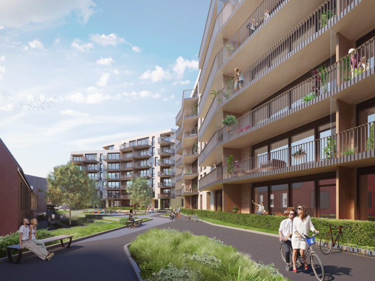 en 3d-gjengivelse av en spisestue i en moderne leilighet.