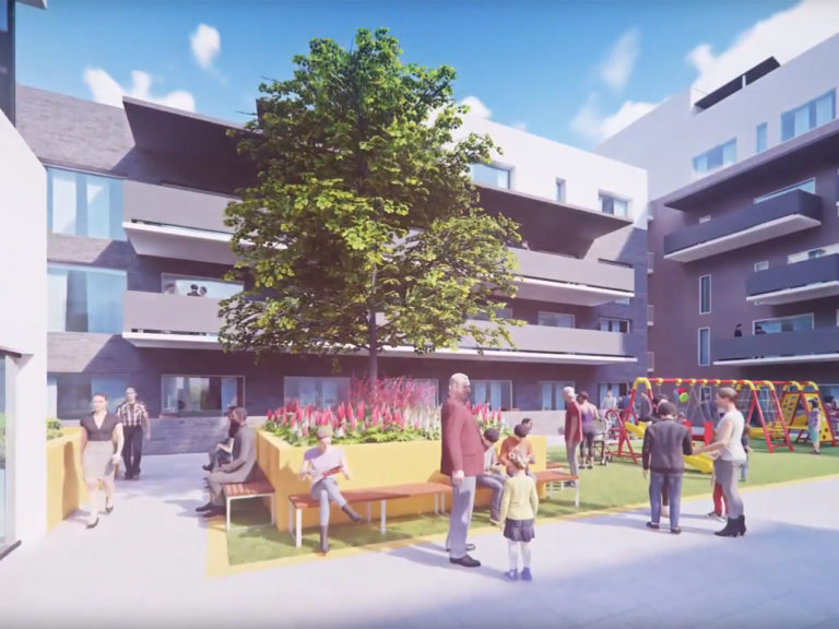 en kunstners gjengivelse av en gårdsplass med folk som går rundt.