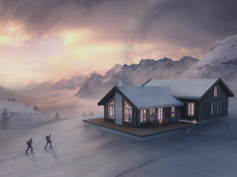 et hus på toppen av et snødekt fjell.